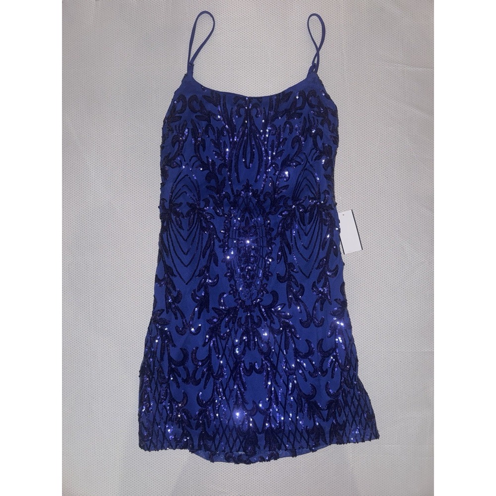 NWT Midnight Doll Sequin‎ Strappy Back Bodycon Mini Dress Blue Size XL